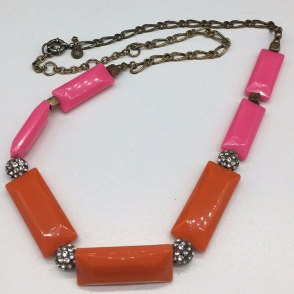 J CREW Pink & Orange Neon Bead Rhinestone Necklace - Picture 1 of 8
